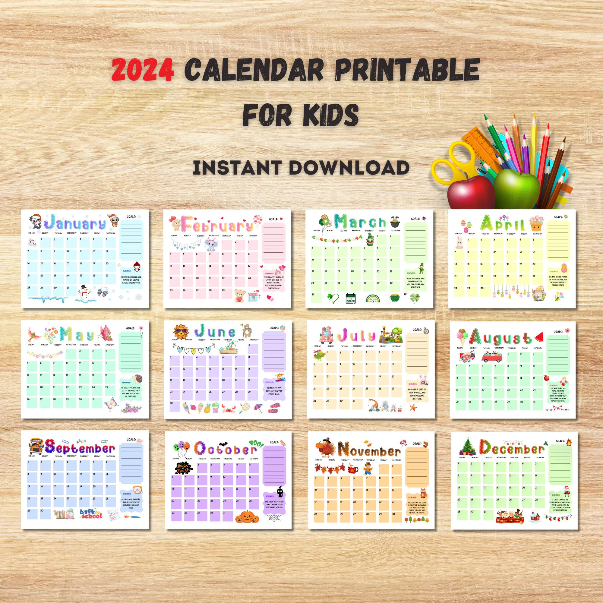 Printable Calendar 2024 Kids Calendar 2024 Homeschool Calendar Kids Daily Planner Etsy