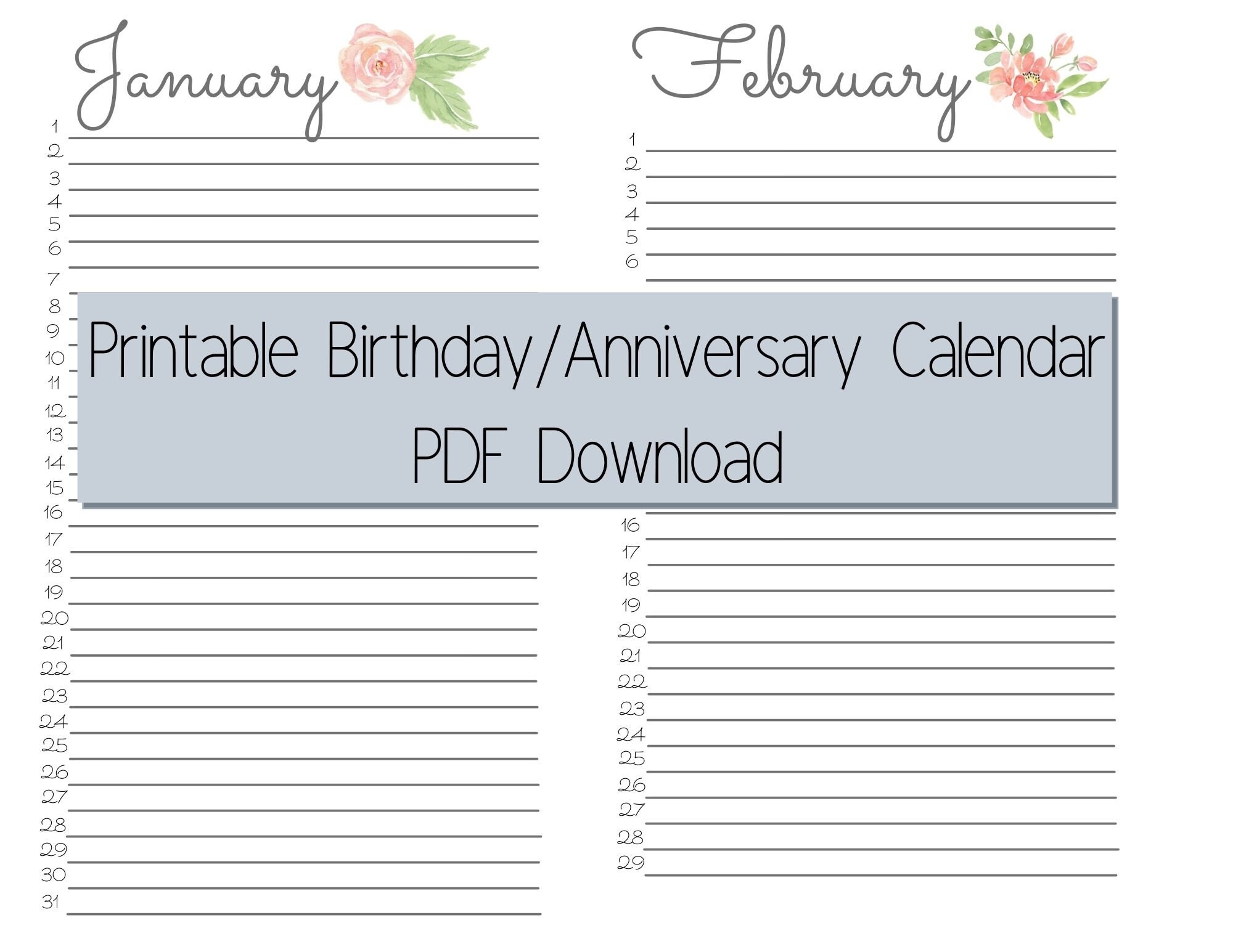 Printable Calendar Perpetual Birthday Calendar Annual Calendar Digital Download Instant Download Etsy