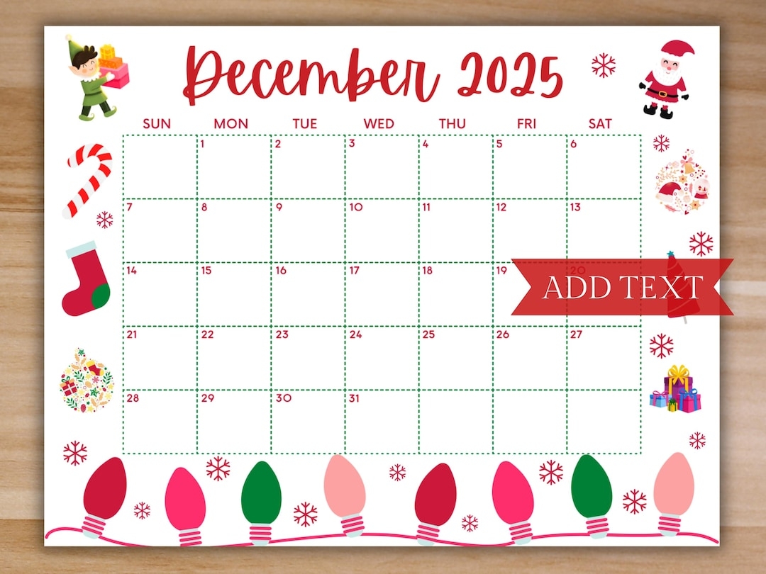 Printable December Calendar 2025 Christmas Calendar Holiday Calendar December 2025 Printable Calendar Family Calendar Printable Digital Etsy