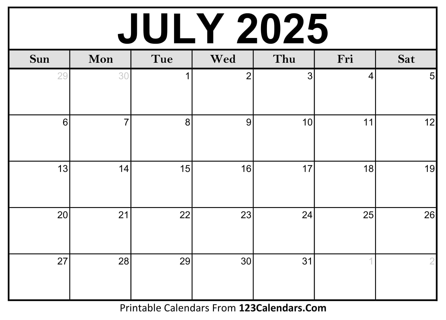 Printable July 2025 Calendar Templates Easy To Download Print