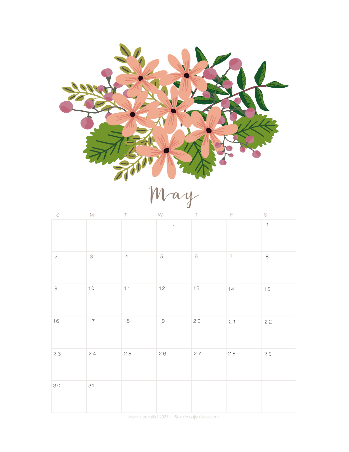 Printable May 2021 Calendar Monthly Planner 2 Designs Flowers Modern A Piece Of Rainbow