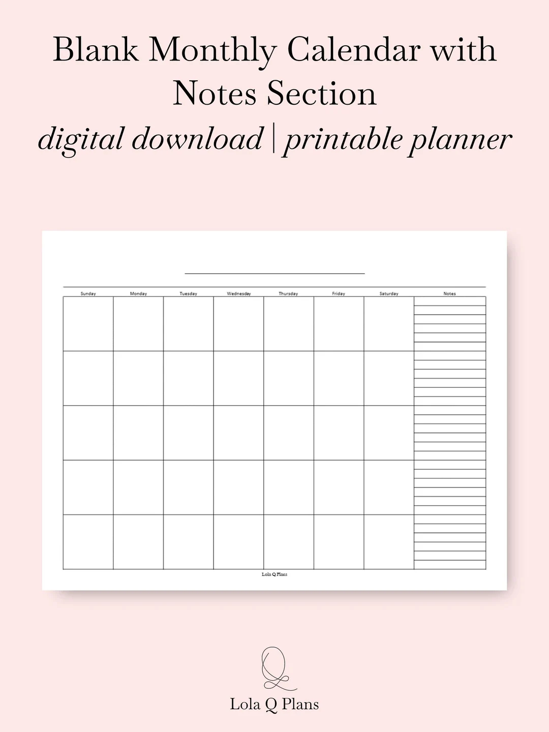 Printable Monthly Calendar With Notes Section Calendar Insert Minimalist Digital Calendar Monthly Calendar With Lined Notes Section Etsy