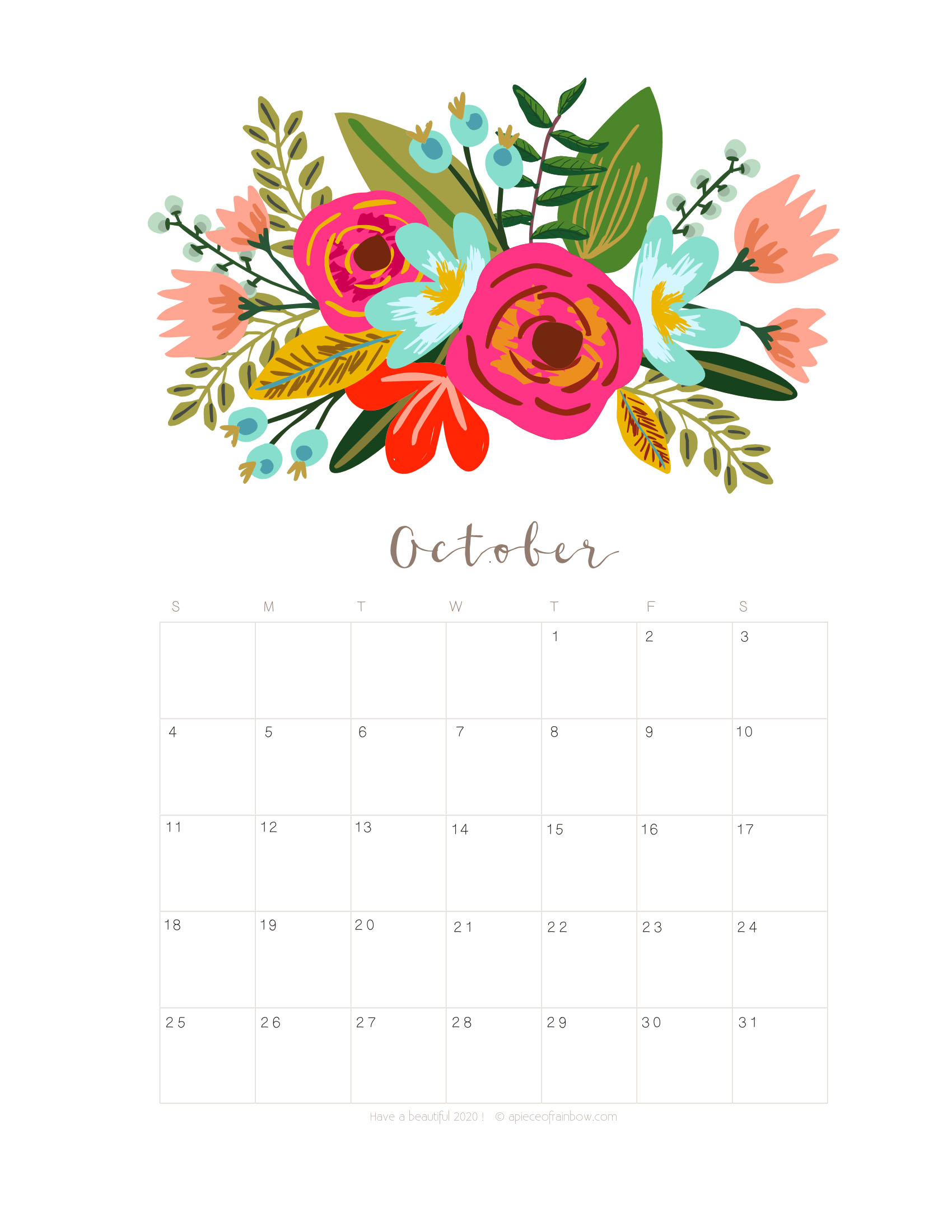 Printable October 2020 Calendar Monthly Planner 2 Designs Flowers Modern A Piece Of Rainbow