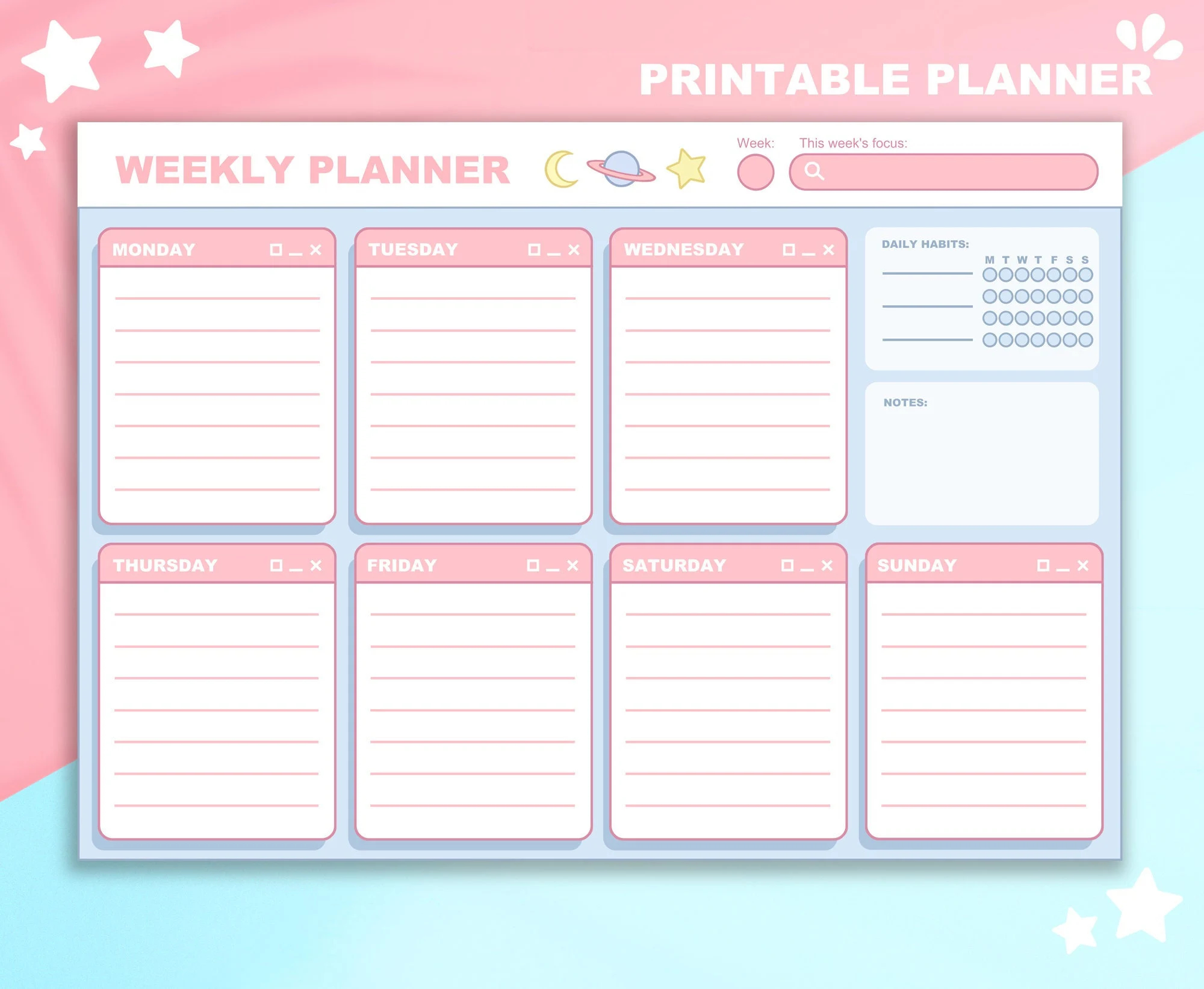 Printable Pastel Weekly Planner Cute Kawaii Pink Space Aesthetic Week Calendar Digital And Instant Download Etsy