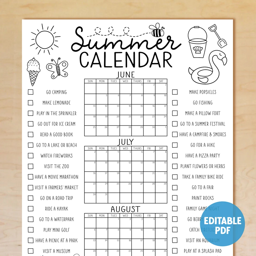 Printable Summer Calendar Poster Summer Activities Calendar Bucket List Summer Checklist Family Calendar EDITABLE Instant Download Etsy