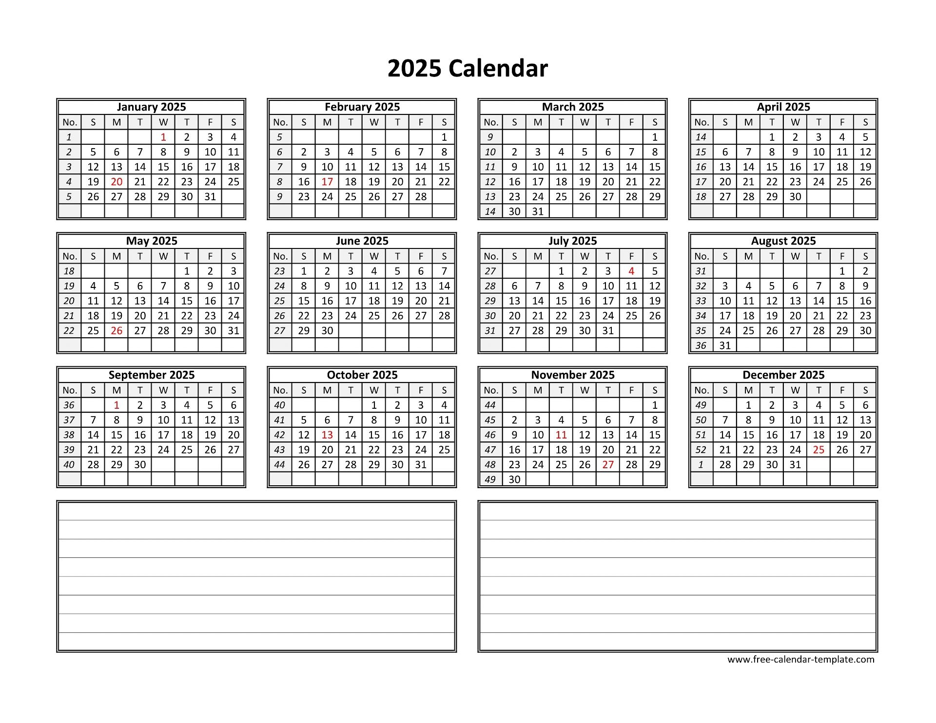 Printable Yearly Calendar 2025 Free calendar template