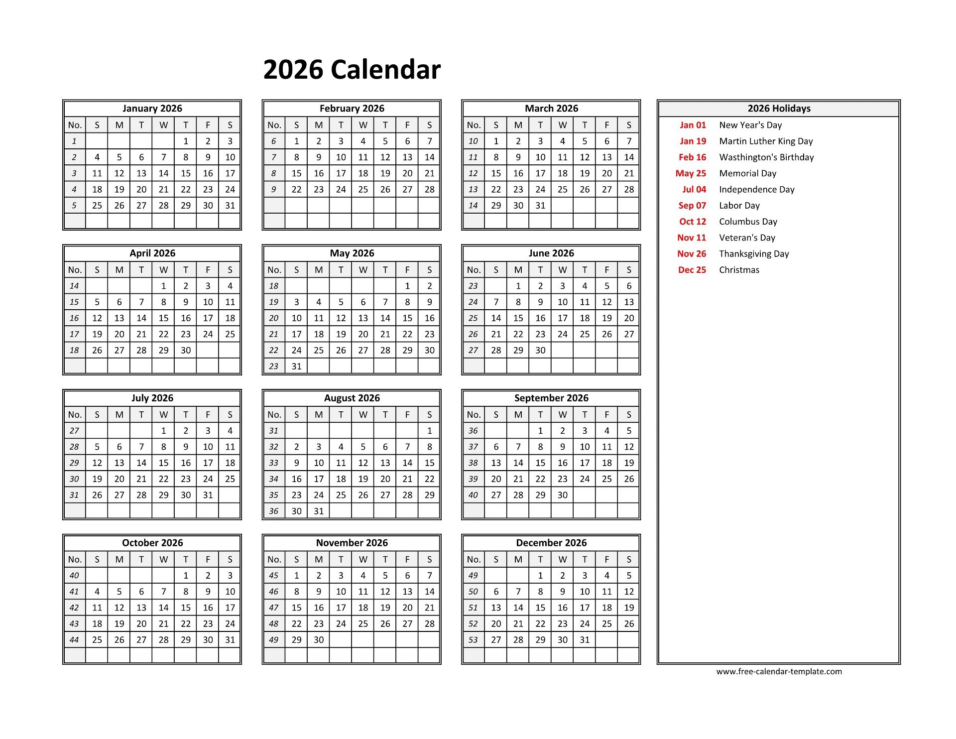 Printable Blank Calendars 2026