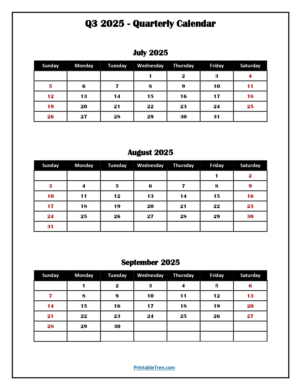2025 Printable Quarterly Calendar