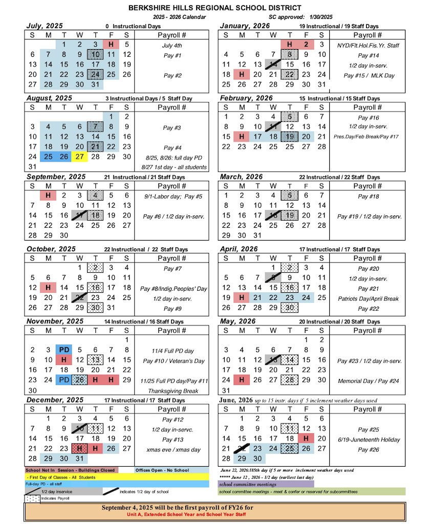 School Calendar 2025 26 Berkshire Hills Regional School District