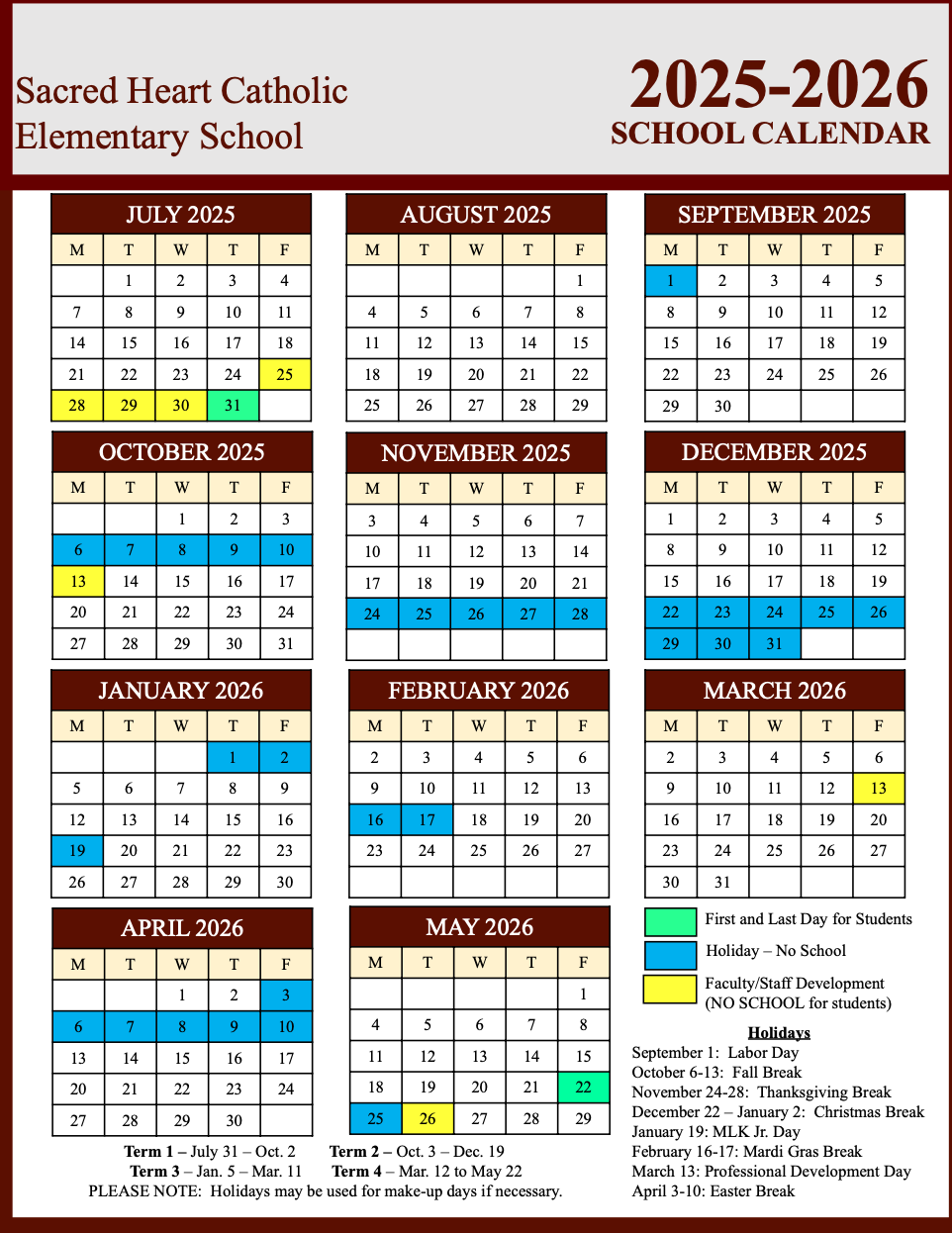 School Calendar 25 26 Sacred Heart Catholic Elementary