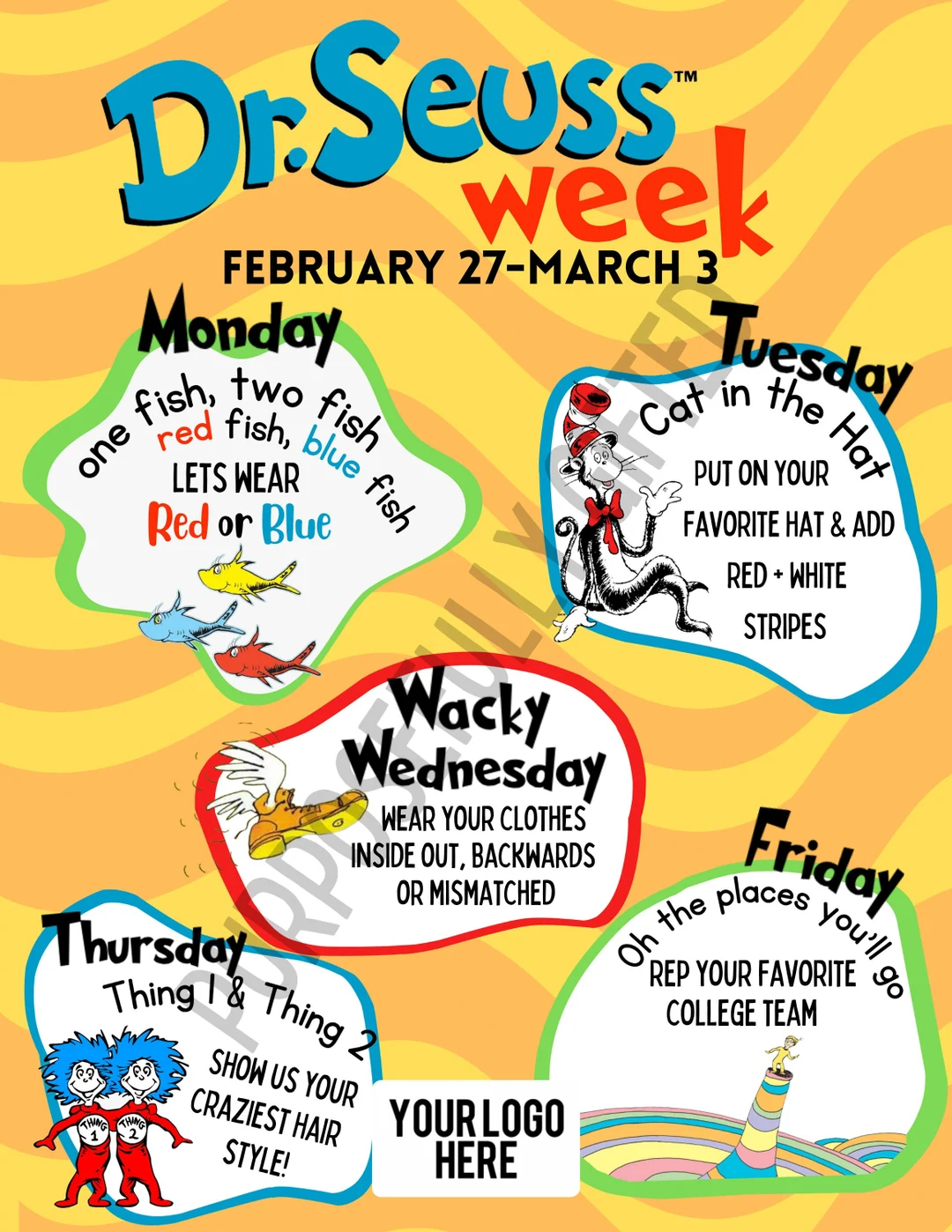 School Spirit Week Schedule Reading Across America School Pto Elementary Kids Printable Editable Canva Template Dr Seuss Week Etsy