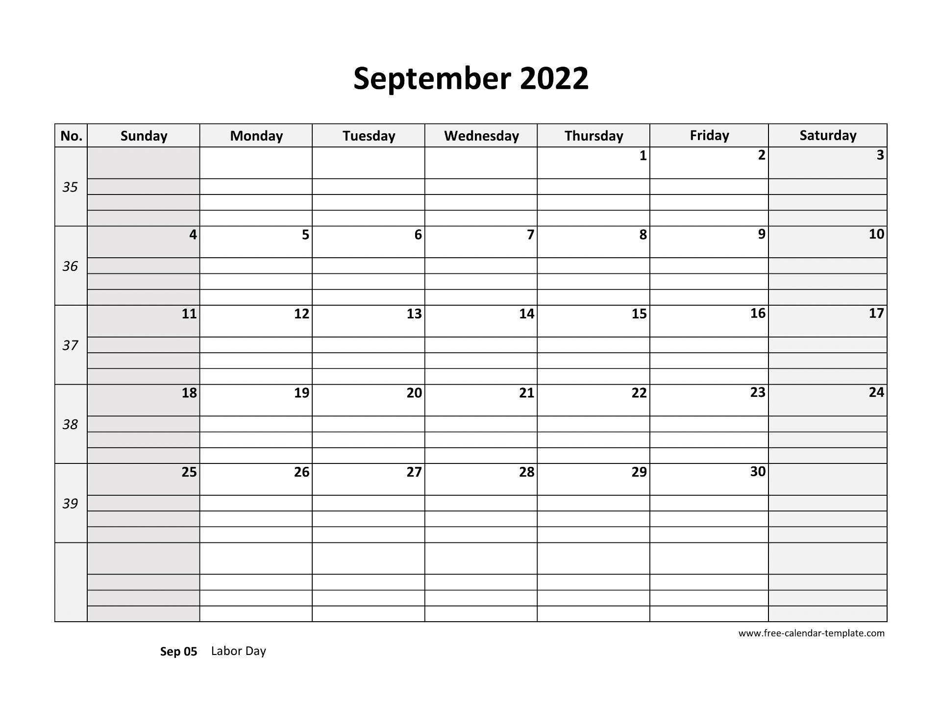 September 2022 Calendar Free Printable With Grid Lines Designed horizontal Free calendar template