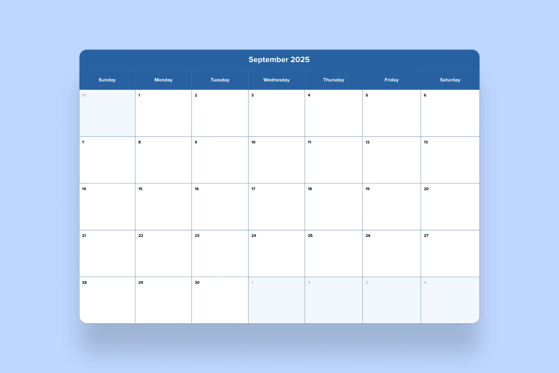 Monthly Calendar 2025 Printable Free September