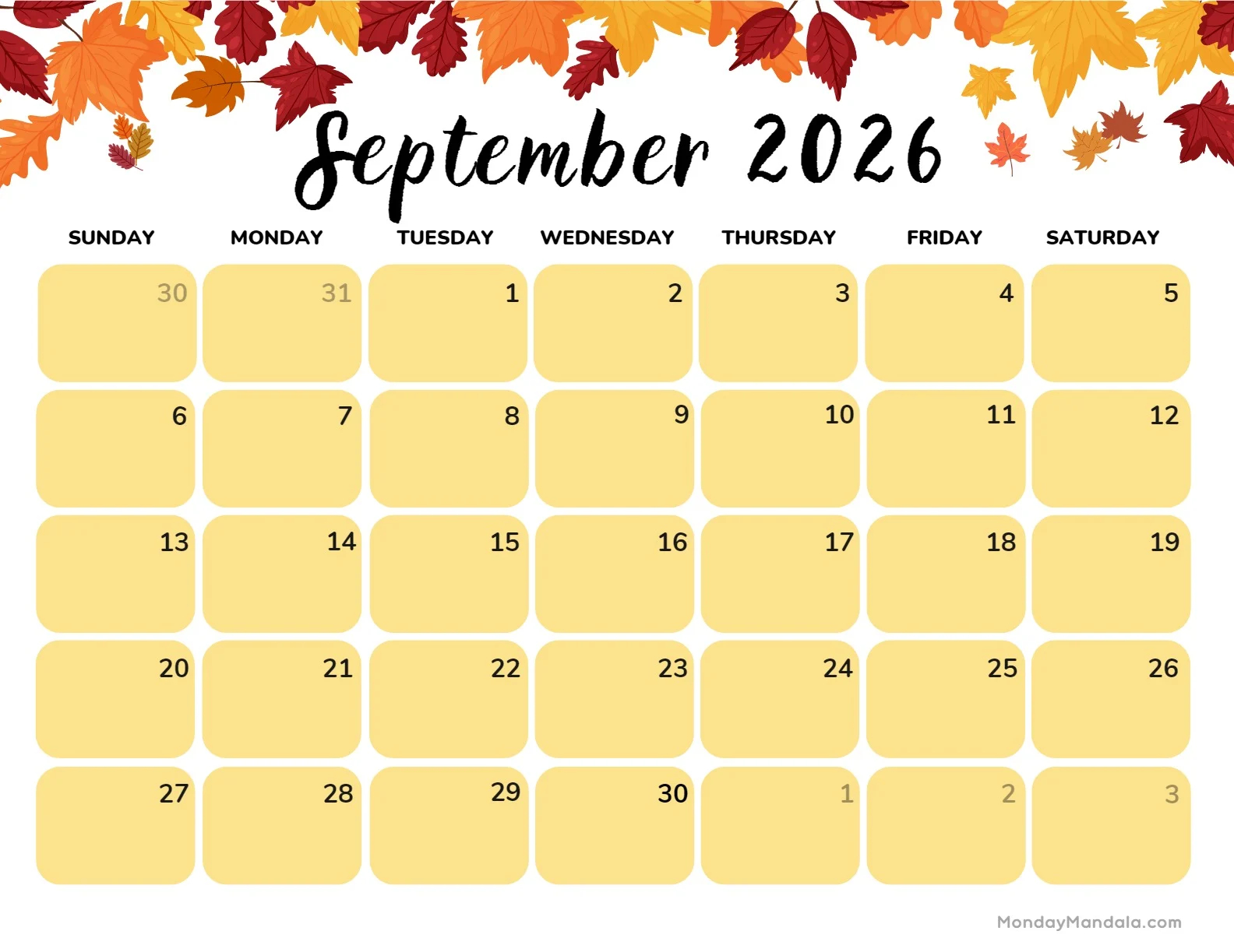 September 2026 Calendars 52 Free PDF Printables 