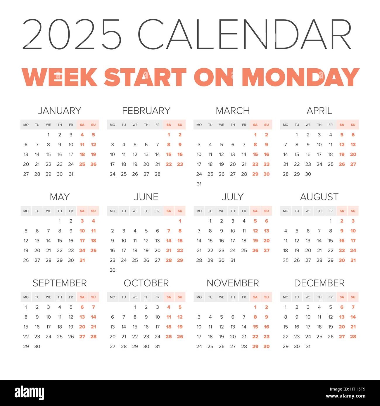 2025 Calendar Printable Starting Monday
