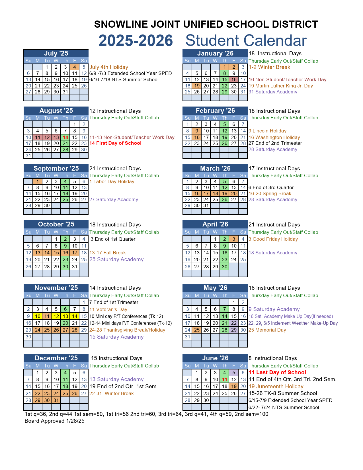 Snowline Joint Unified SJUSD Calendar 25 26 PDF EduCounty
