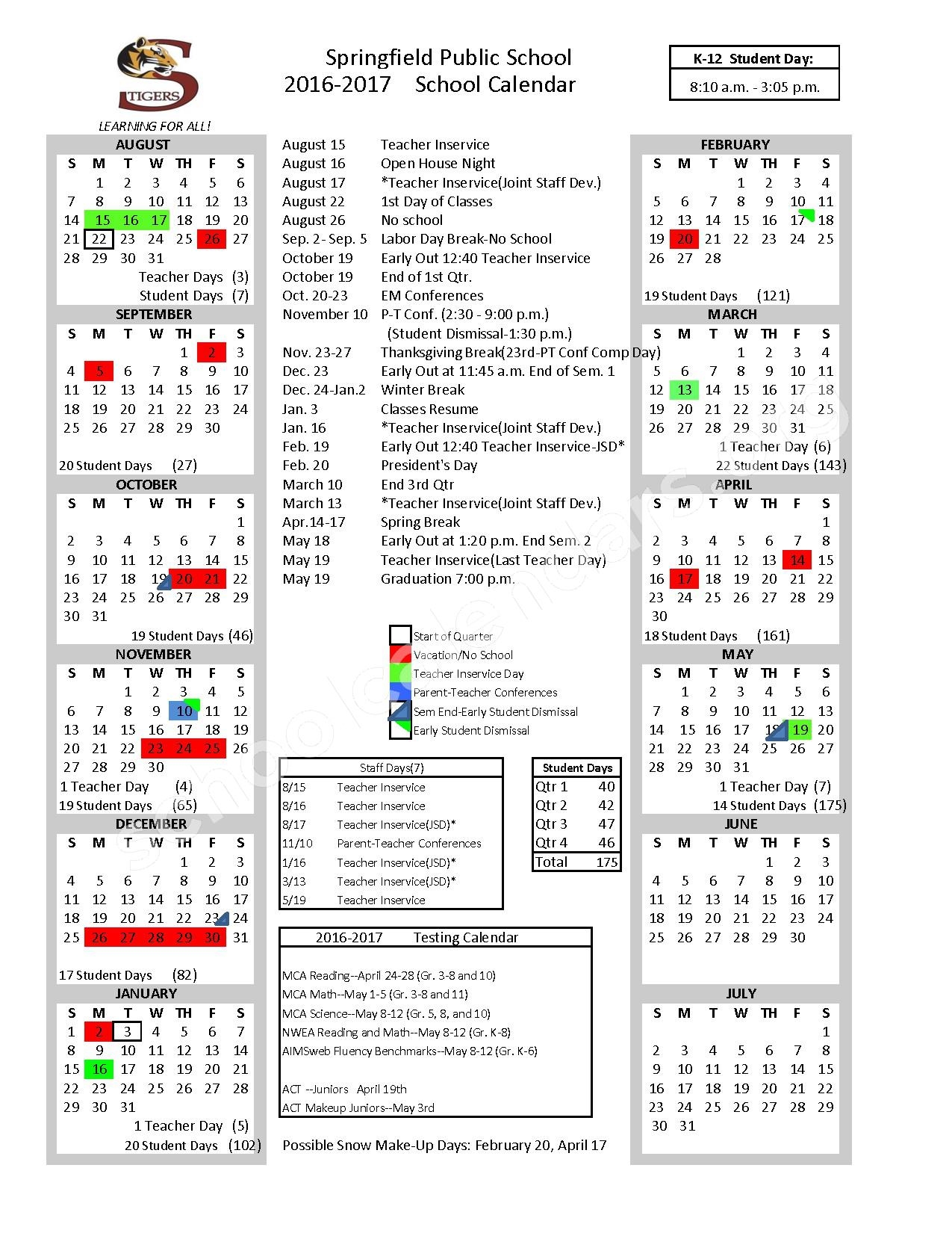 Springfield District Calendar