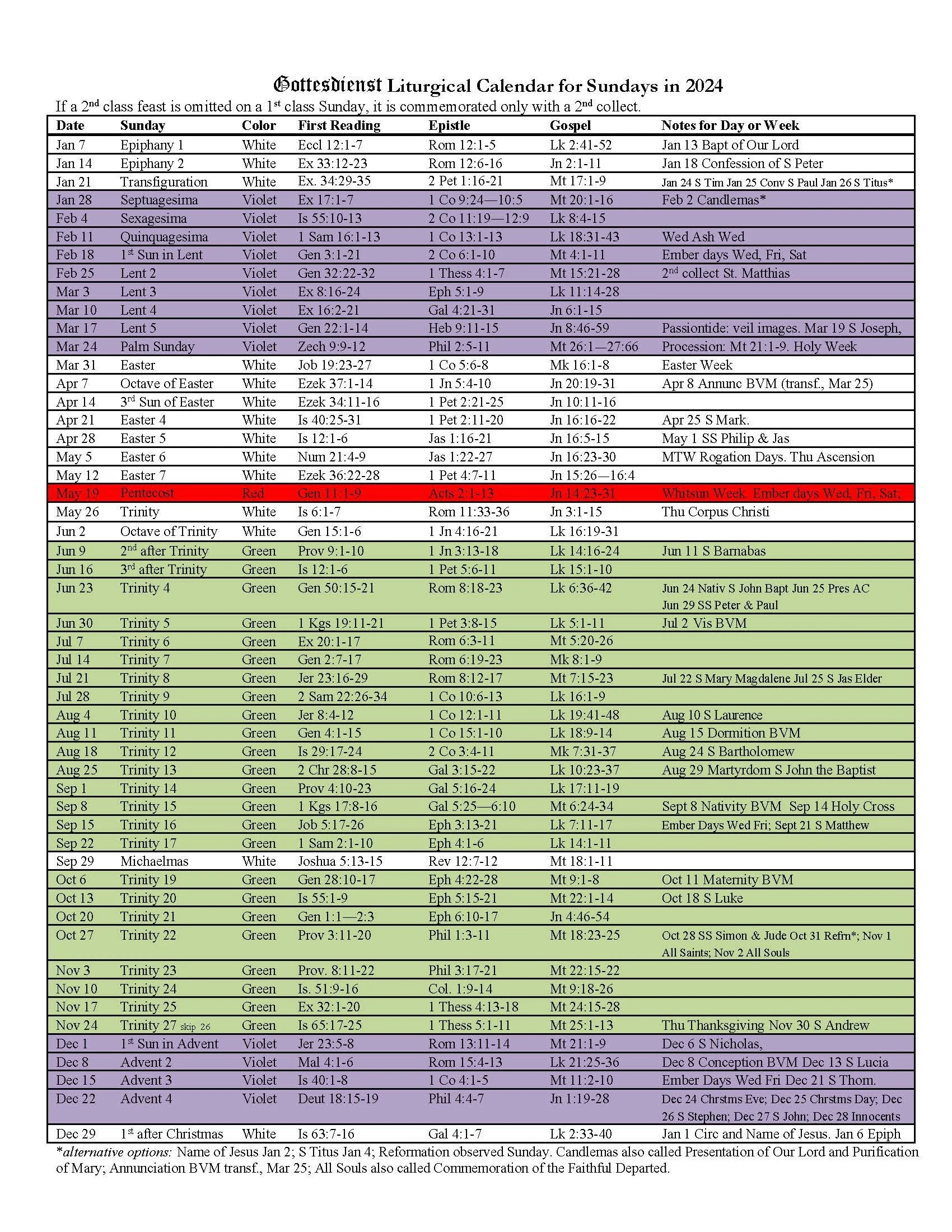 The 2024 Calendar Gottesdienst