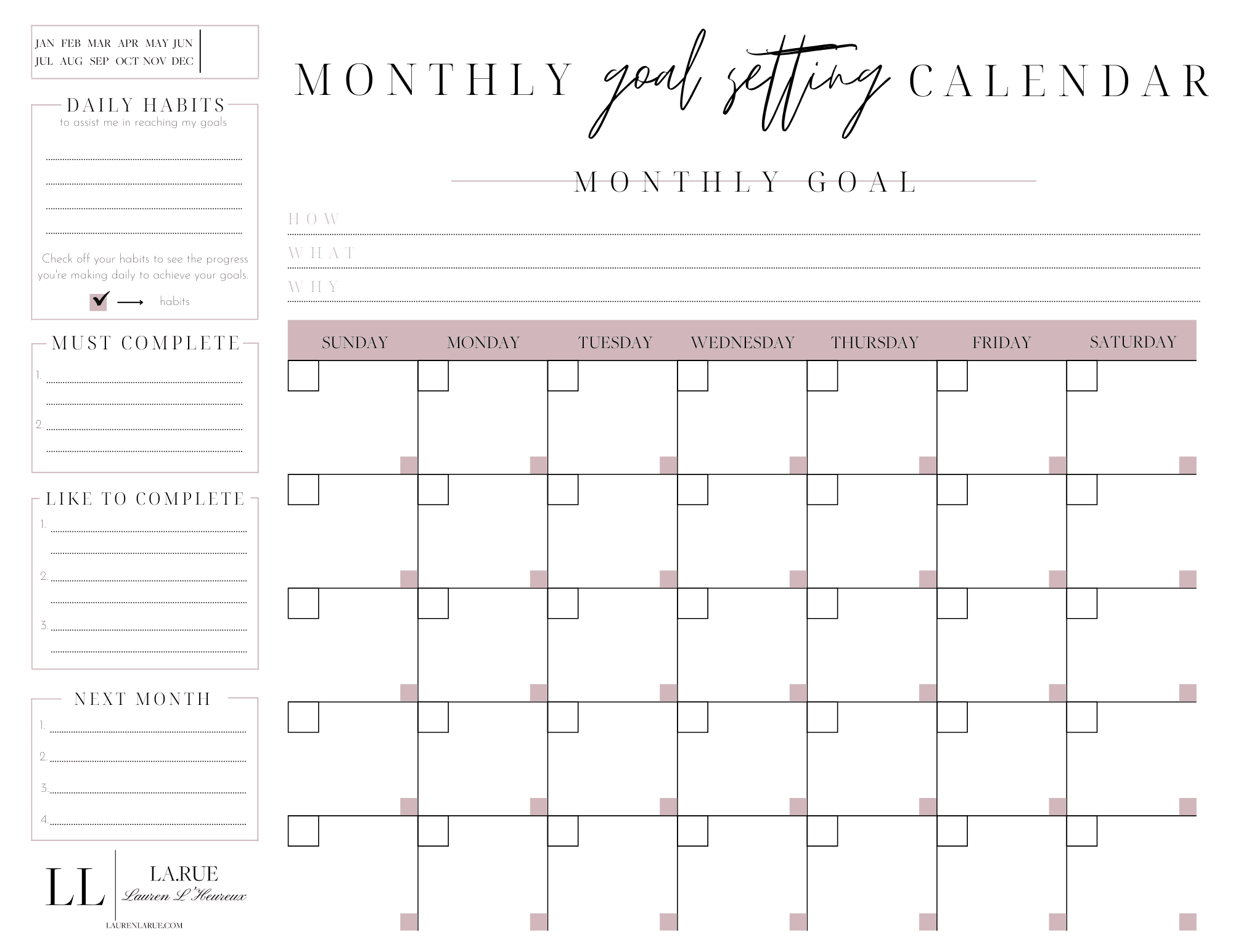 The Monthly Goal Calendar Freebie Set Intentional Goals La Rue