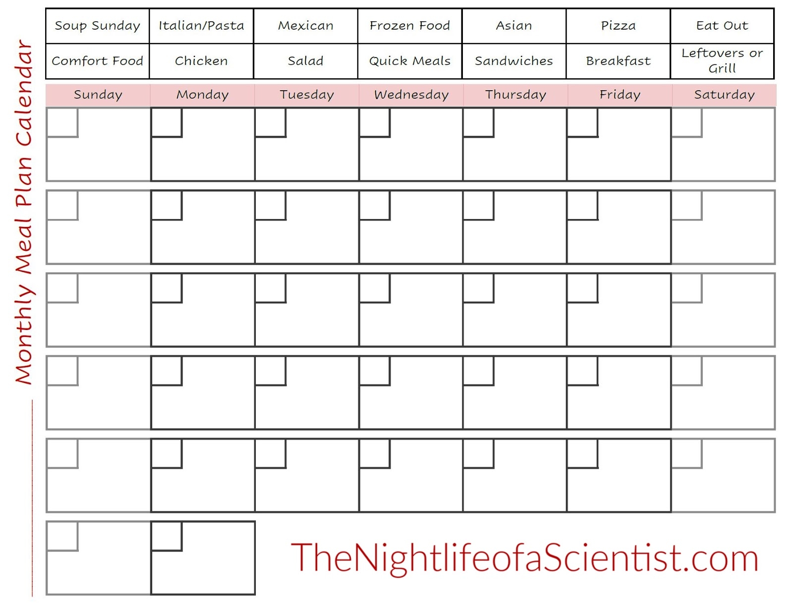 Blank Meal Calendar Months Printable