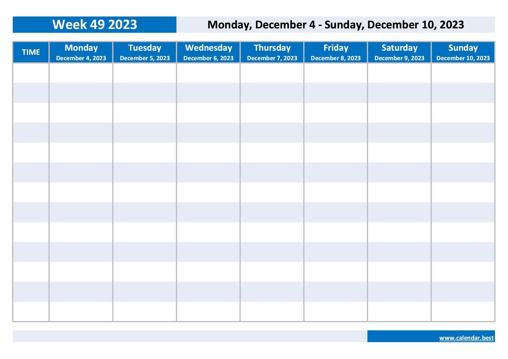 Week 49 2023 Dates Calendar And Weekly Schedule To Print