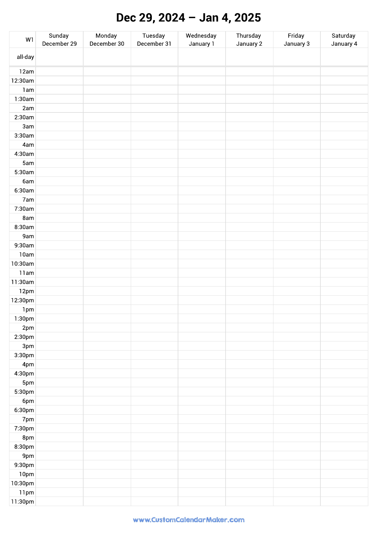 Weekly Calendar January 2025 Custom Calendar Maker