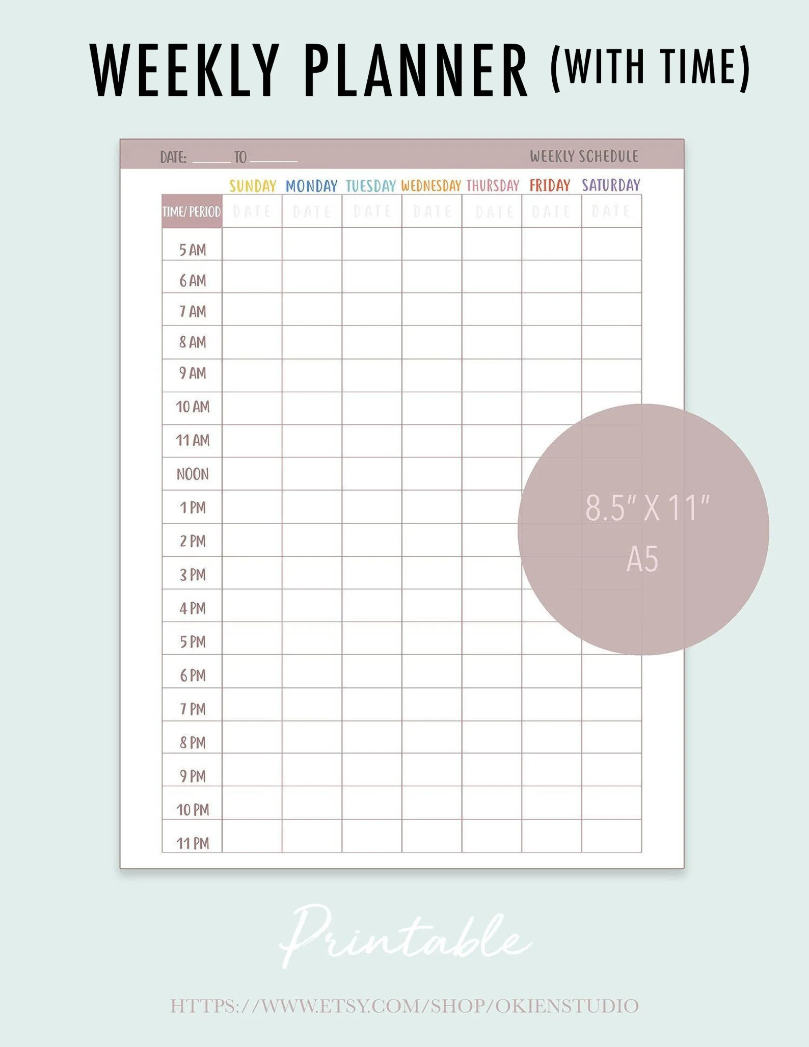 Weekly Calendar Printable Time Slot Offfice Work Reminder Task Weekly Organize Time Appointment Calendar Weekly Schedule Planner Job Etsy