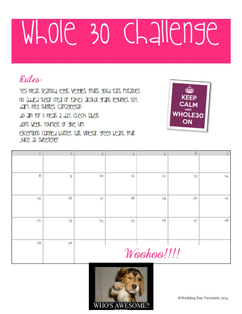 Whole 30 Calendar Printable