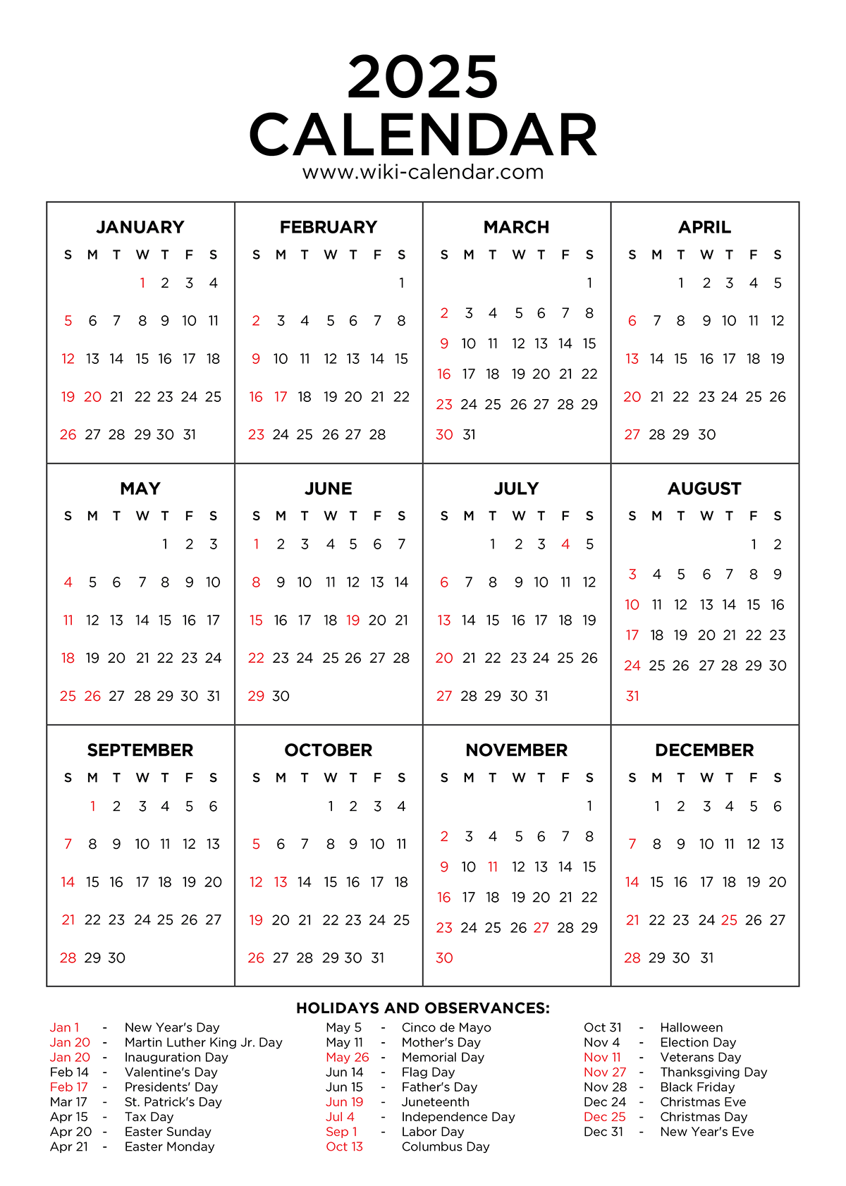 Printable Calendar 2025 Pages