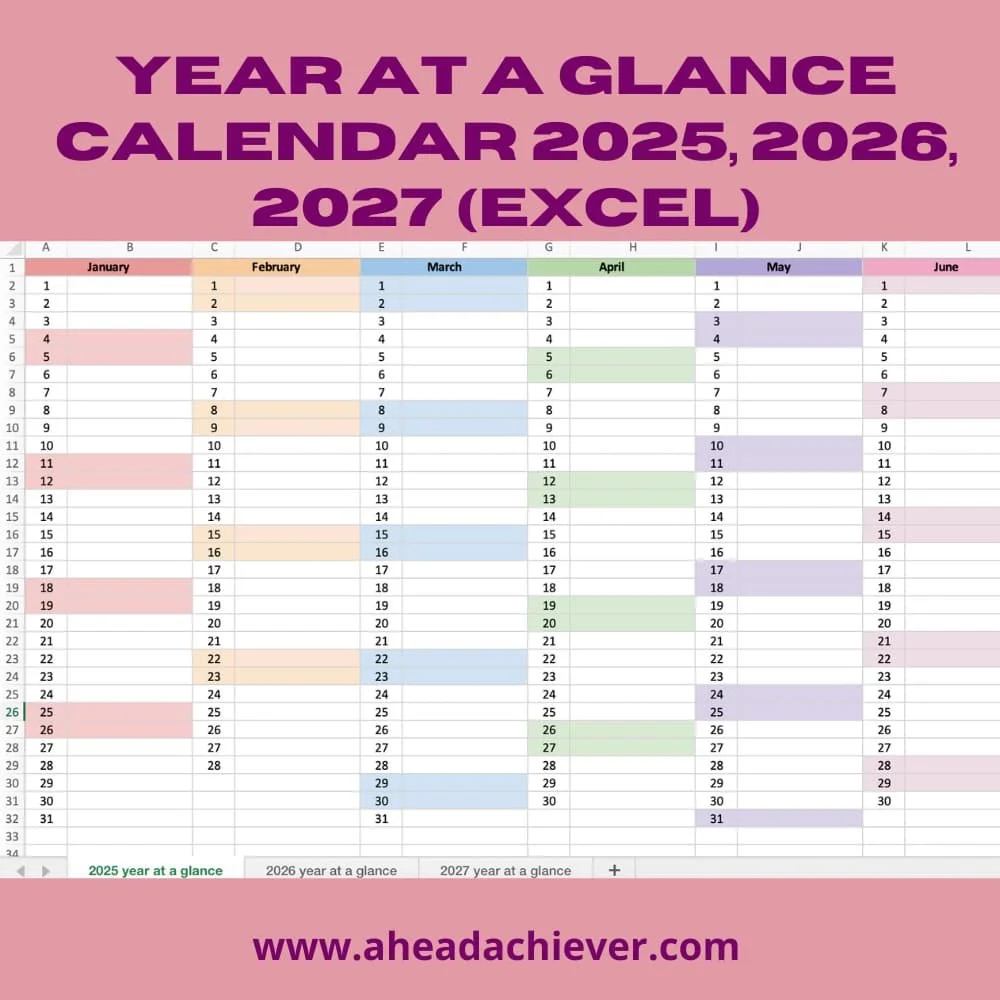 Year At A Glance Calendar 2025 2026 2027 Excel 