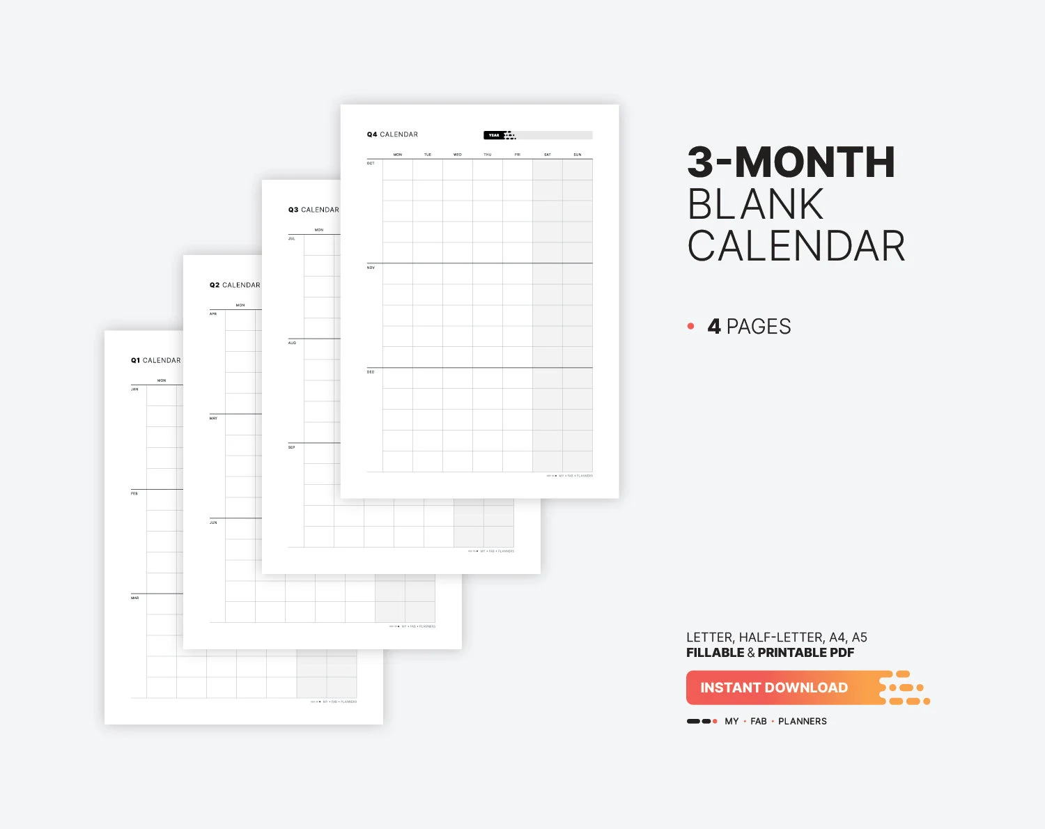 Yearly 3 month Calendar Quarterly Fillable Planner Template Yearly U0026 Monthly Wall Calendar Printable Letter Half letter A4 A5 PDF Etsy UK